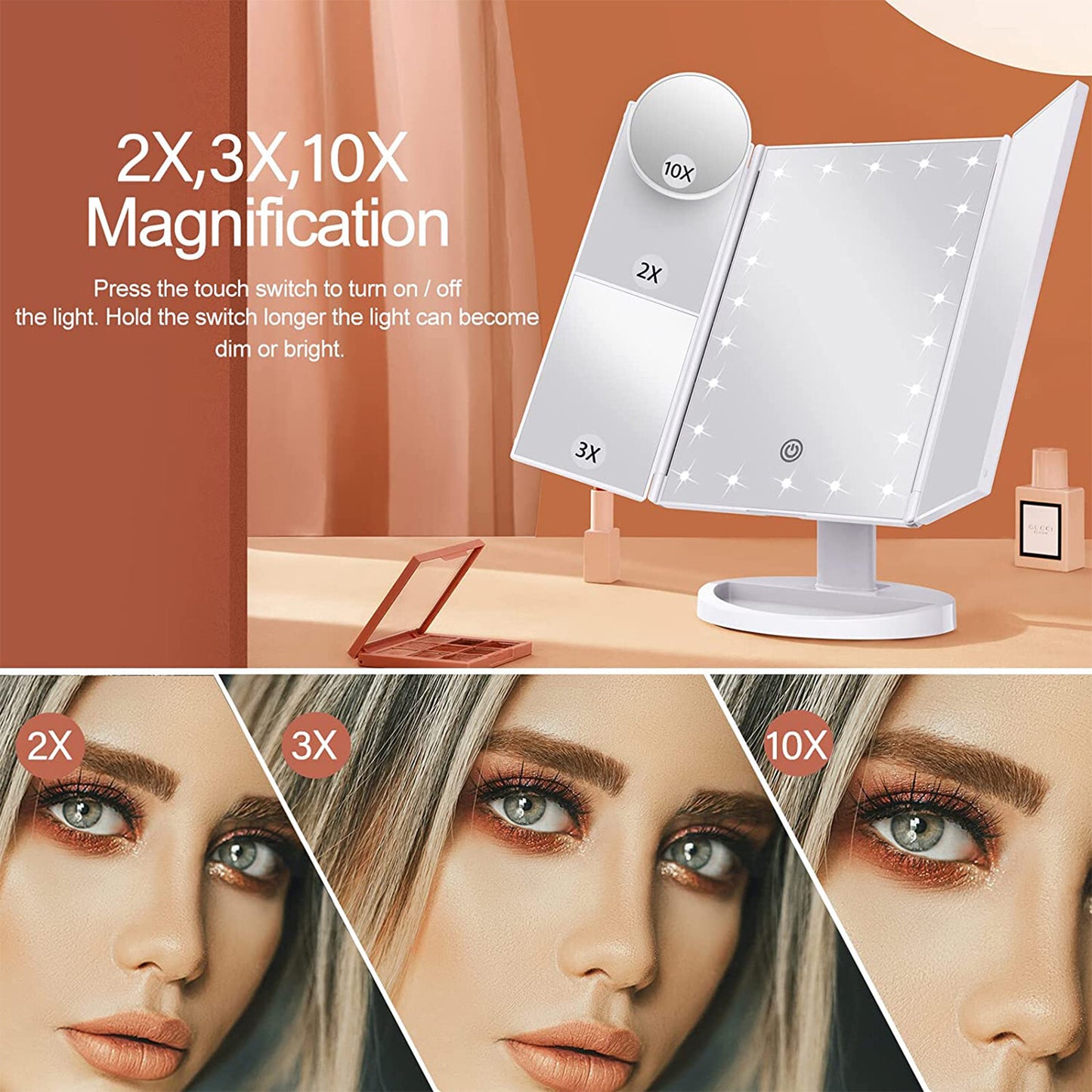 HBN Makeup Mirror with Lights, 1X 2X 3X Magnification with 10X Magnifying Mirror